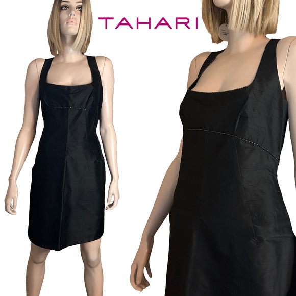 Tahari 100% Silk Little Black Dress Cocktail Beading Detail Square Neckline NWOT - Picture 1 of 14
